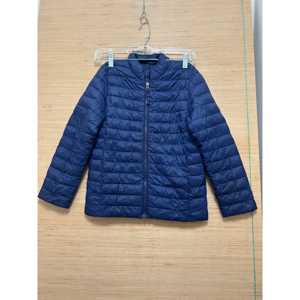 Lands End Kids Navy Blue Quilted Puffer Jacket Size S 8 Lightweight Full Zip